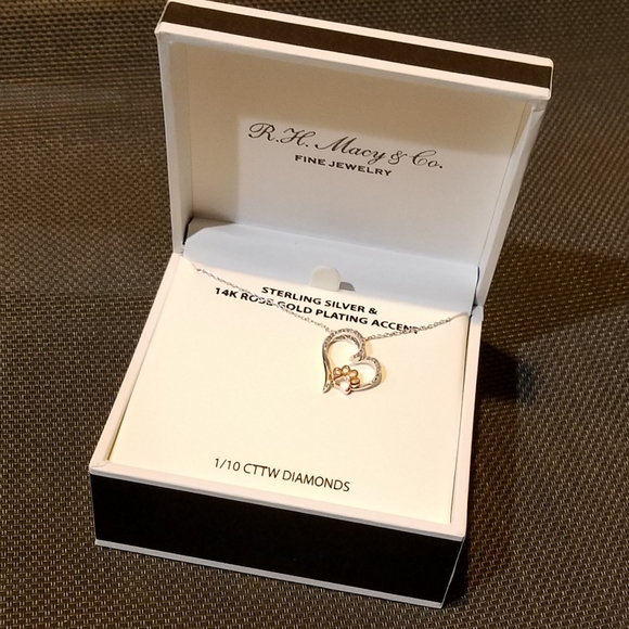 Sterling Silver Necklace Diamond Encrusted Heart & 14k Rose Gold Paw Pendant NWT - Picture 10 of 16